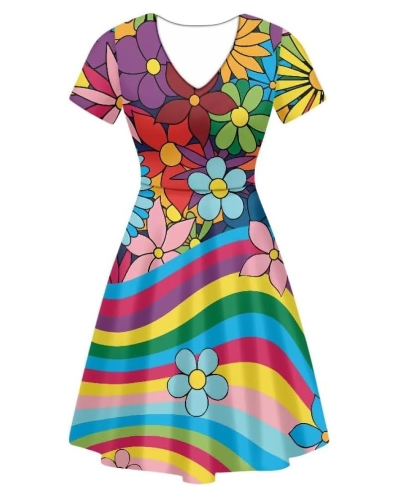Summer Dress Women Beach V-Neck Sundresses Girls Skirts Casual Short Sleeve Novelty Swing Midi Dress Rainbow Floral $15.51 Dr...