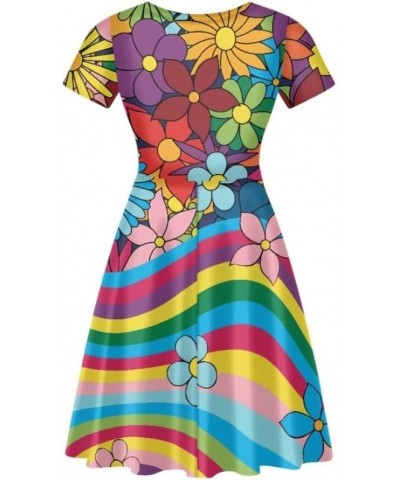 Summer Dress Women Beach V-Neck Sundresses Girls Skirts Casual Short Sleeve Novelty Swing Midi Dress Rainbow Floral $15.51 Dr...