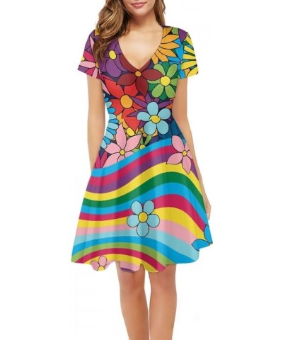 Summer Dress Women Beach V-Neck Sundresses Girls Skirts Casual Short Sleeve Novelty Swing Midi Dress Rainbow Floral $15.51 Dr...