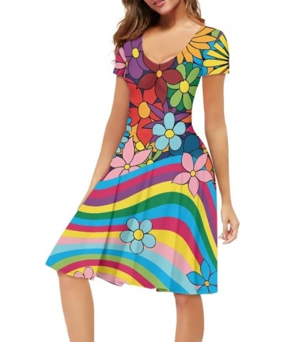 Summer Dress Women Beach V-Neck Sundresses Girls Skirts Casual Short Sleeve Novelty Swing Midi Dress Rainbow Floral $15.51 Dr...