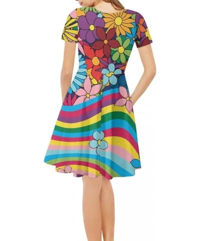 Summer Dress Women Beach V-Neck Sundresses Girls Skirts Casual Short Sleeve Novelty Swing Midi Dress Rainbow Floral $15.51 Dr...