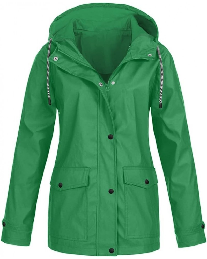 Windbreaker Jacket Women, Women Solid Color Hooded Rain Jackets with Pockets Zip Button Spring Windproof Rainoats 01-green Ra...