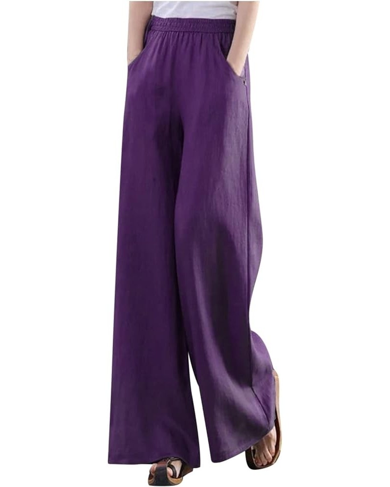 Women's Cotton Linen Pants Summer Casual Wide Leg Trousers Elastic Waist Drawstring Loose Lounge Pants with Pocket C07 Purple...