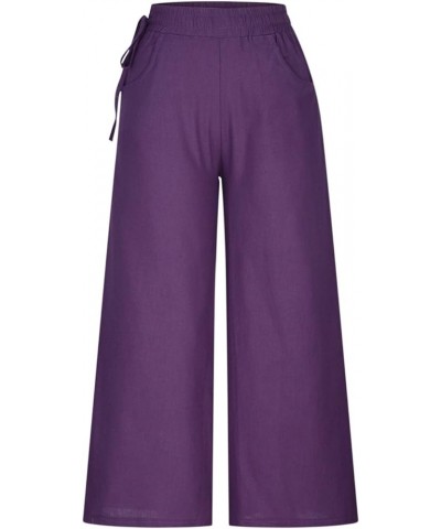 Women's Cotton Linen Pants Summer Casual Wide Leg Trousers Elastic Waist Drawstring Loose Lounge Pants with Pocket C07 Purple...