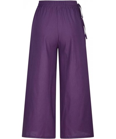 Women's Cotton Linen Pants Summer Casual Wide Leg Trousers Elastic Waist Drawstring Loose Lounge Pants with Pocket C07 Purple...