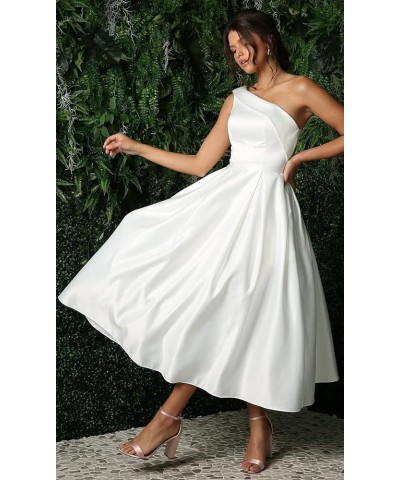 One Shoulder Satin Prom Dresses for Women A-Line Tea Length Sleeveless Formal Evening Gowns for Wedding Party Guest Coral $45...