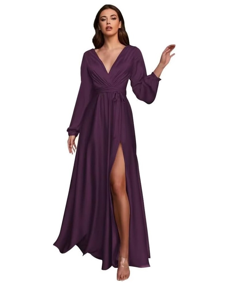V Neck Satin Bridesmaid Dresses with Sleeves Side Slit Formal Party Dress A Line Prom Dresses for Women Plum $31.85 Dresses