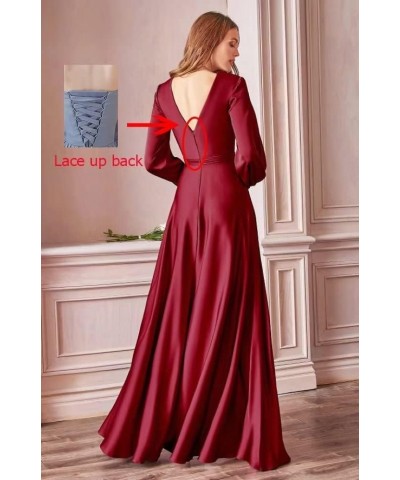 V Neck Satin Bridesmaid Dresses with Sleeves Side Slit Formal Party Dress A Line Prom Dresses for Women Plum $31.85 Dresses