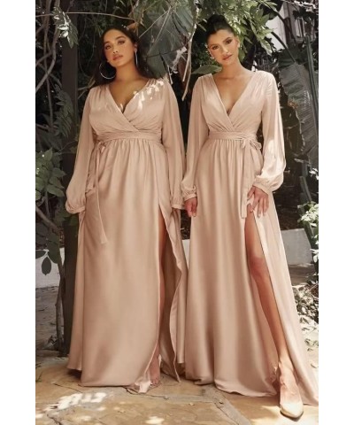 V Neck Satin Bridesmaid Dresses with Sleeves Side Slit Formal Party Dress A Line Prom Dresses for Women Plum $31.85 Dresses