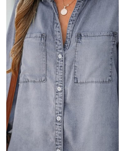 Women Casual Denim Oversized Shirt Long Sleeve Lapel Collar Button Down Shirts Dolphin Hem Light Blue $23.84 Blouses