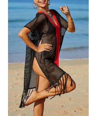 Wonens Beach Protection Casual Cover Shirt Bikini Cover-up Net Knit Coverups Tassels Black Red 15 $13.67 Swimsuits
