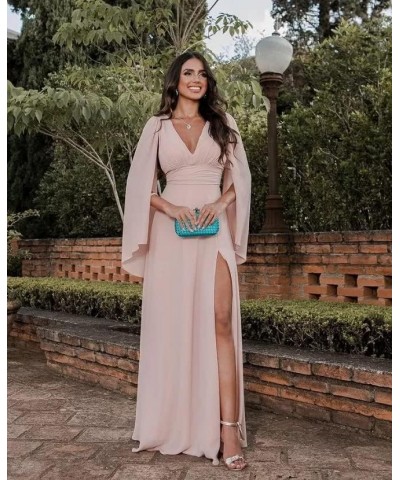 Women's Long Sleeve Bridesmaid Dresses V-Neck Chiffon Ruched Formal Dress Evening Gown with Slit Dusty Rose $40.42 Dresses