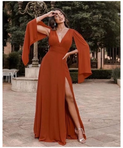 Women's Long Sleeve Bridesmaid Dresses V-Neck Chiffon Ruched Formal Dress Evening Gown with Slit Dusty Rose $40.42 Dresses