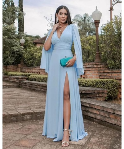 Women's Long Sleeve Bridesmaid Dresses V-Neck Chiffon Ruched Formal Dress Evening Gown with Slit Dusty Rose $40.42 Dresses