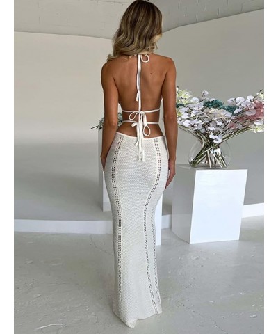 Women Crochet Knit Maxi Dress Sexy Deep V Neck Halter Tie-Up Cut Out Bodycon Long Dress Beach Party Clubwear 1 White $14.28 D...