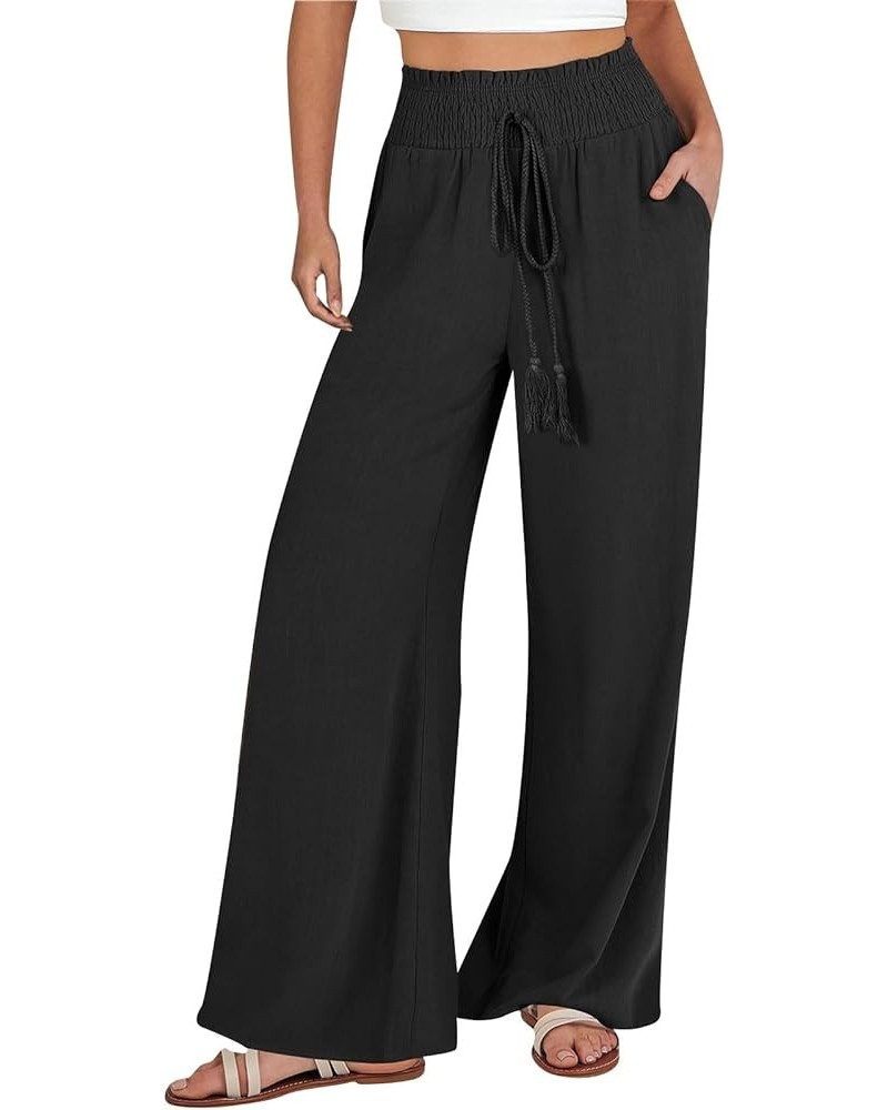 Women Cotton Linen Casual Pants Drawstring Elastic High Waist Loose Comfy Straight Leg Pants with Pockets Workout Pants A1-aa...