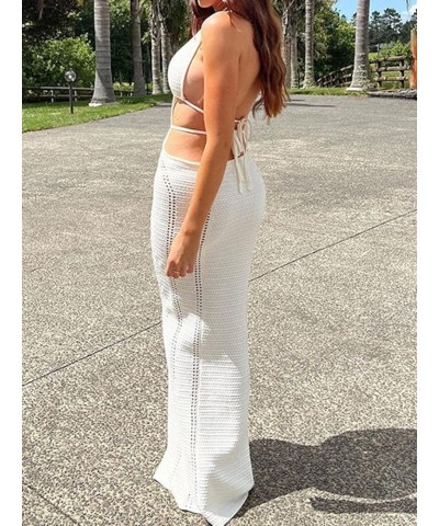 Women Crochet Knit Maxi Dress Sexy Deep V Neck Halter Tie-Up Cut Out Bodycon Long Dress Beach Party Clubwear 1 White $14.28 D...