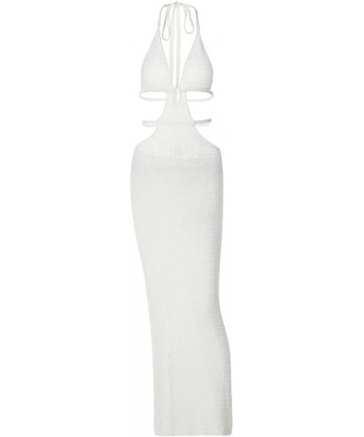 Women Crochet Knit Maxi Dress Sexy Deep V Neck Halter Tie-Up Cut Out Bodycon Long Dress Beach Party Clubwear 1 White $14.28 D...
