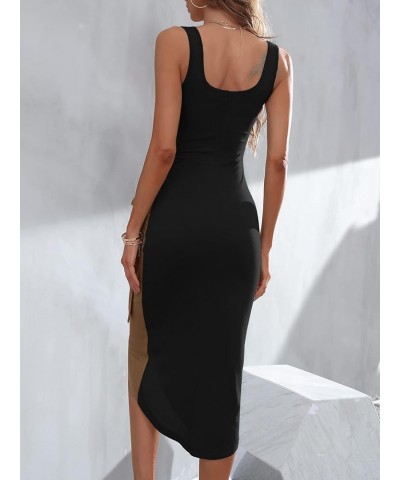 Women's Wrap Front Tie Side Tank Dress Sleeveless Scoop Neck Bodycon Midi Dress Black and Khaki $12.71 Dresses