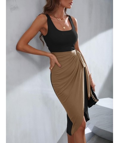 Women's Wrap Front Tie Side Tank Dress Sleeveless Scoop Neck Bodycon Midi Dress Black and Khaki $12.71 Dresses