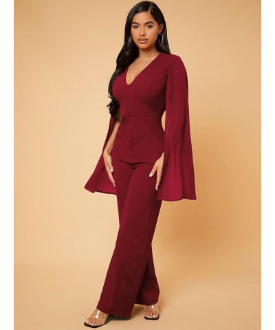 Women's Deep V Neck Split Long Sleeve High Waist Jumpsuit Elegant Formal Wide Leg Long Pants Dressy Romper Burgundy $26.79 Ju...