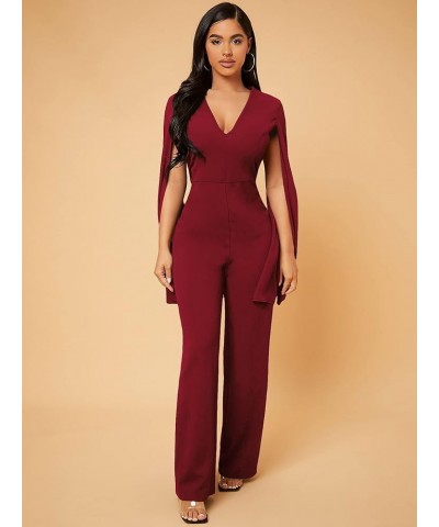 Women's Deep V Neck Split Long Sleeve High Waist Jumpsuit Elegant Formal Wide Leg Long Pants Dressy Romper Burgundy $26.79 Ju...