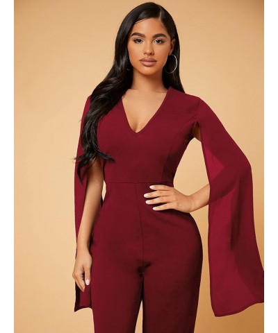 Women's Deep V Neck Split Long Sleeve High Waist Jumpsuit Elegant Formal Wide Leg Long Pants Dressy Romper Burgundy $26.79 Ju...