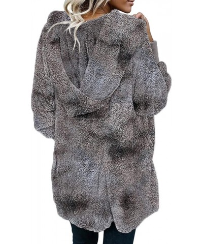Womens 2023 Winter Long Sleeve Solid Fuzzy Fleece Open Front Hooded Cardigans Jacket Coats Outerwear with Pocket Tie Dye Gray...