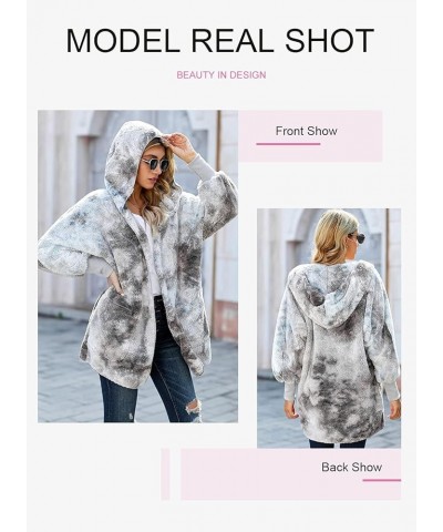 Womens 2023 Winter Long Sleeve Solid Fuzzy Fleece Open Front Hooded Cardigans Jacket Coats Outerwear with Pocket Tie Dye Gray...