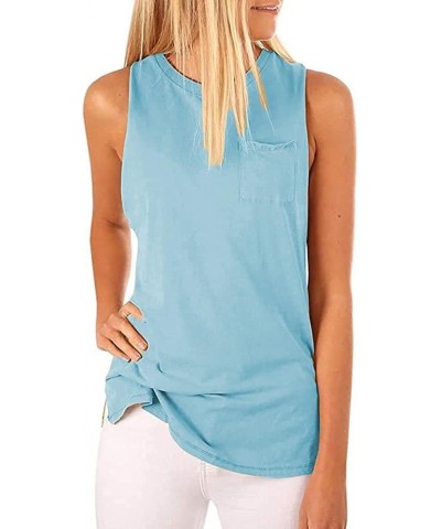 Women's High Neck Tank Tops Summer Sleeveless T Shirts Loose Fit with Pockets Light Blue $11.00 Tanks