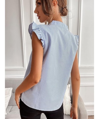 Women's Striped Print Ruffle Trim Cap Sleeve Blouse Notched V Neck Sleeveless Casual Shirt Top Blue and White Stripe $10.19 B...