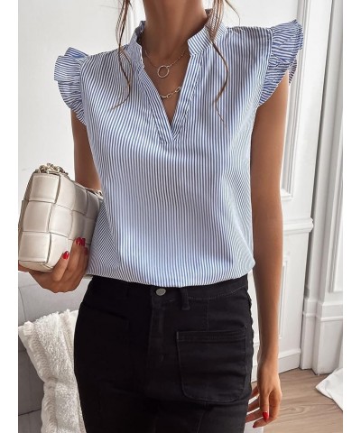 Women's Striped Print Ruffle Trim Cap Sleeve Blouse Notched V Neck Sleeveless Casual Shirt Top Blue and White Stripe $10.19 B...