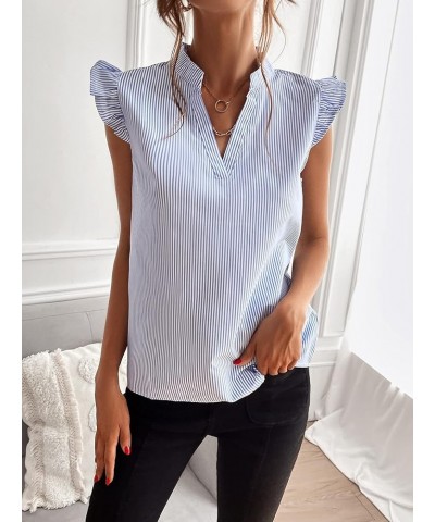 Women's Striped Print Ruffle Trim Cap Sleeve Blouse Notched V Neck Sleeveless Casual Shirt Top Blue and White Stripe $10.19 B...