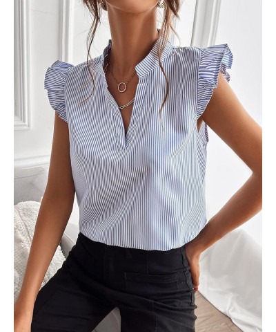 Women's Striped Print Ruffle Trim Cap Sleeve Blouse Notched V Neck Sleeveless Casual Shirt Top Blue and White Stripe $10.19 B...