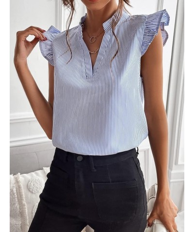 Women's Striped Print Ruffle Trim Cap Sleeve Blouse Notched V Neck Sleeveless Casual Shirt Top Blue and White Stripe $10.19 B...