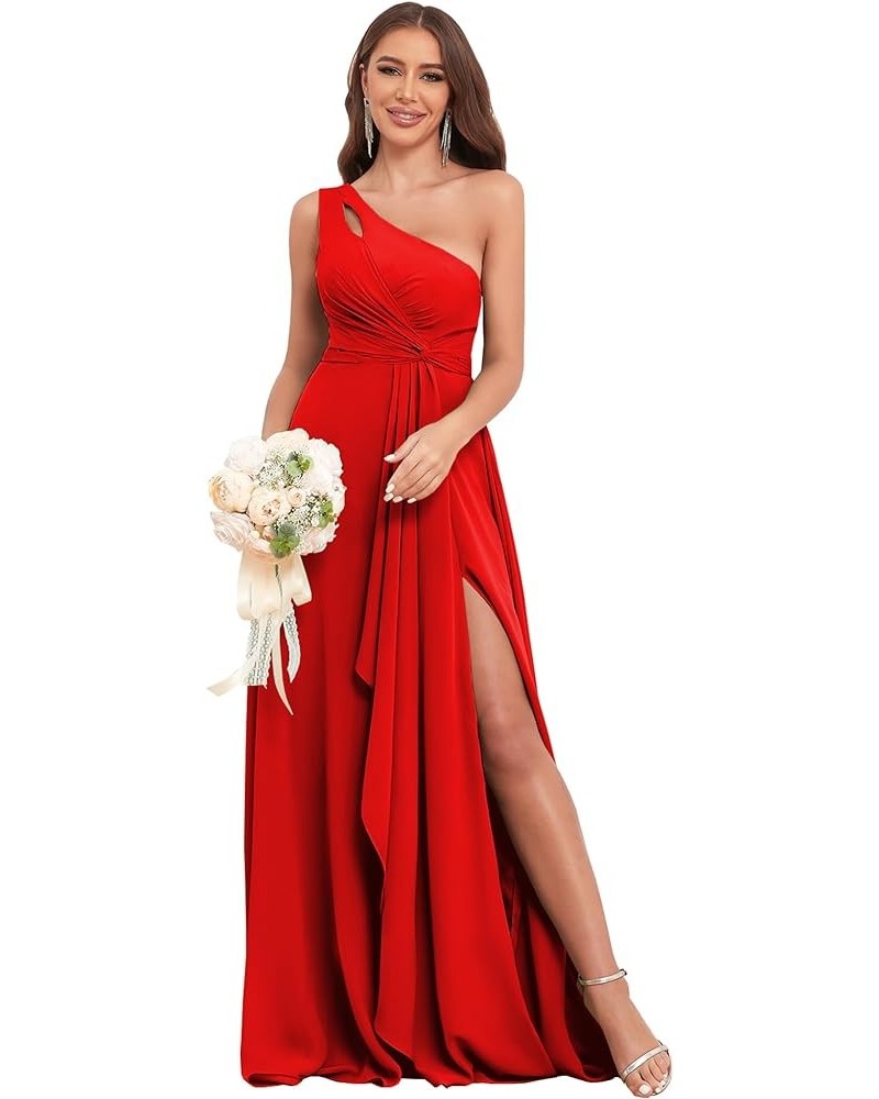 Chiffon One Shoulder Bridesmaid Dresses for Women Wedding 2024 Long Ruffles Formal Evening Party Dress with Slit Red $16.92 D...